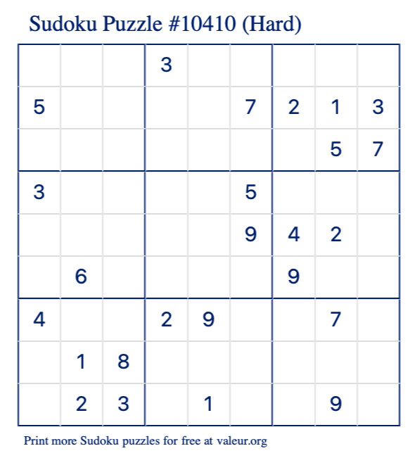 Free Printable Hard Sudoku Puzzle number 10410