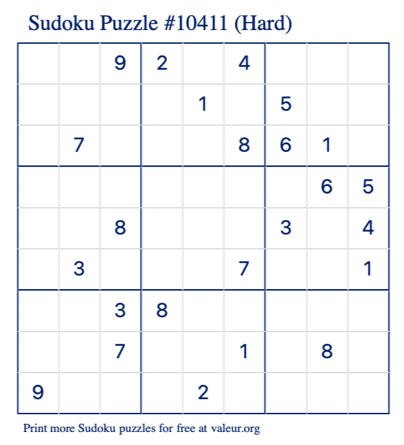 Free Printable Hard Sudoku Puzzle number 10411