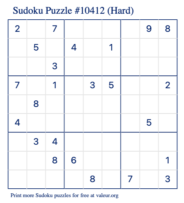 Free Printable Hard Sudoku Puzzle number 10412