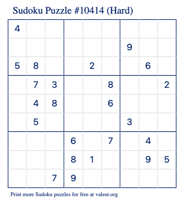 Free Printable Hard Sudoku Puzzle number 10414