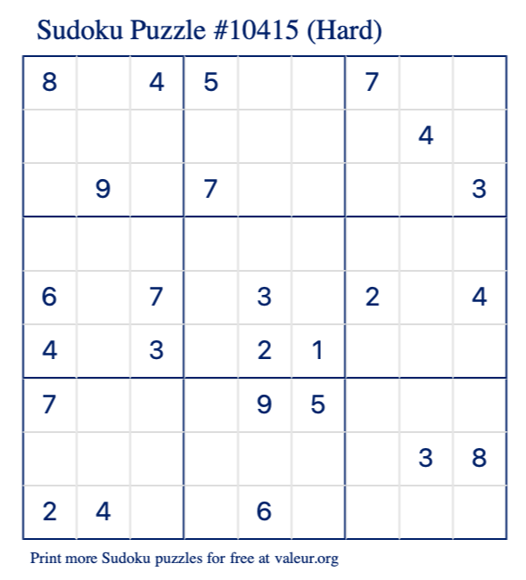 Free Printable Hard Sudoku Puzzle number 10415