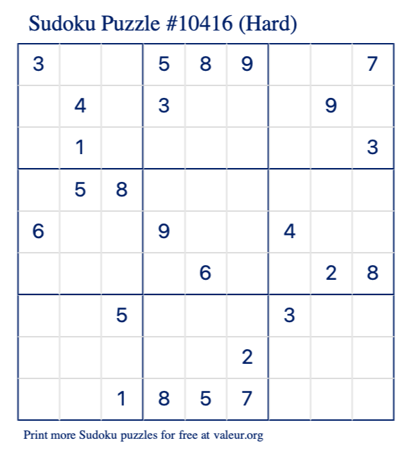 Free Printable Hard Sudoku Puzzle number 10416