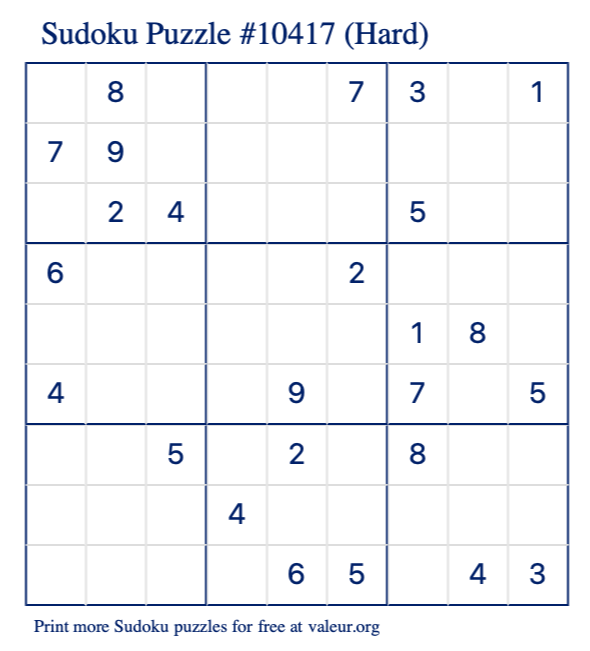 Free Printable Hard Sudoku Puzzle number 10417