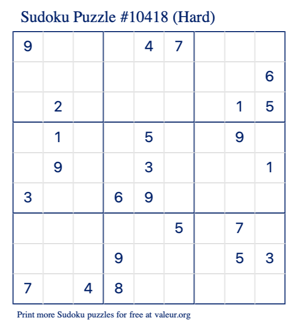 Free Printable Hard Sudoku Puzzle number 10418