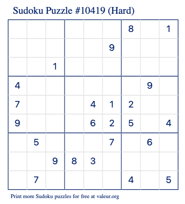 Free Printable Hard Sudoku Puzzle number 10419