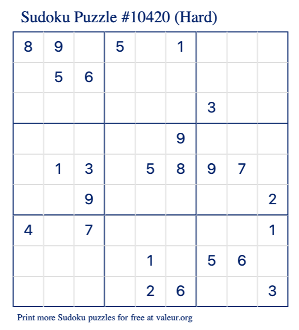 Free Printable Hard Sudoku Puzzle number 10420