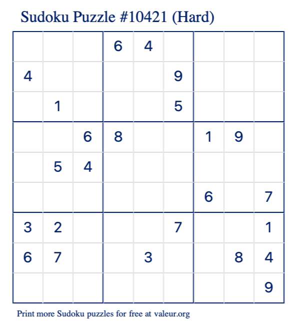 Free Printable Hard Sudoku Puzzle number 10421