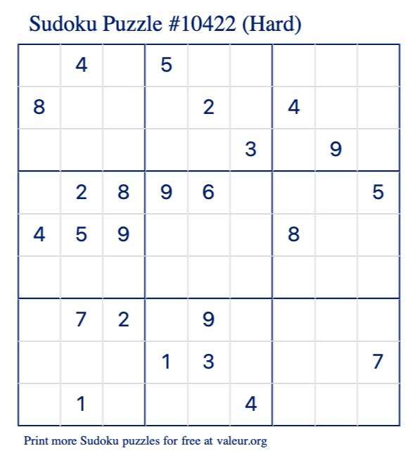 Free Printable Hard Sudoku Puzzle number 10422