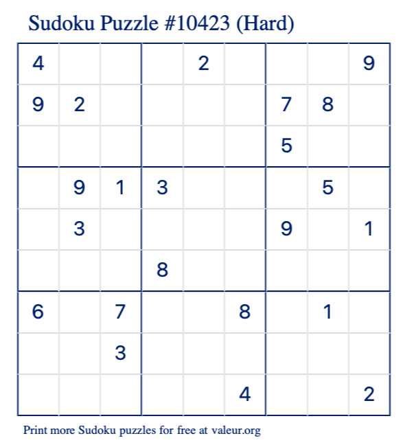 Free Printable Hard Sudoku Puzzle number 10423