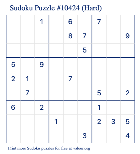 Free Printable Hard Sudoku Puzzle number 10424