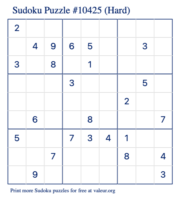 Free Printable Hard Sudoku Puzzle number 10425
