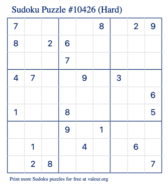 Free Printable Hard Sudoku Puzzle number 10426