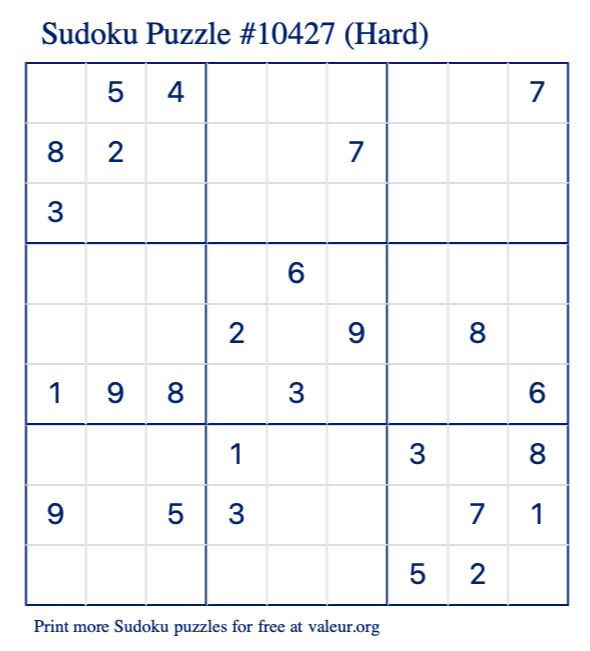 Free Printable Hard Sudoku Puzzle number 10427