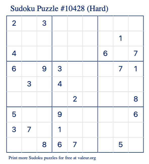 Free Printable Hard Sudoku Puzzle number 10428