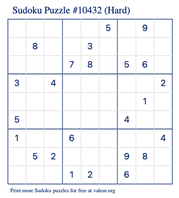 Free Printable Hard Sudoku Puzzle number 10432