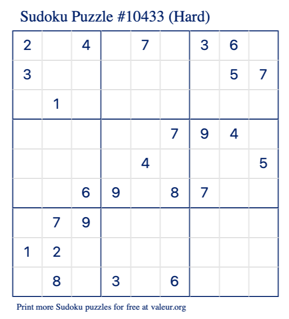 Free Printable Hard Sudoku Puzzle number 10433
