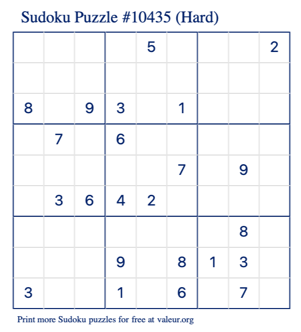 Free Printable Hard Sudoku Puzzle number 10435