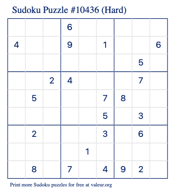 Free Printable Hard Sudoku Puzzle number 10436