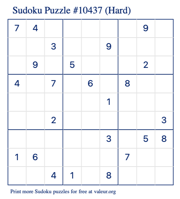 Free Printable Hard Sudoku Puzzle number 10437
