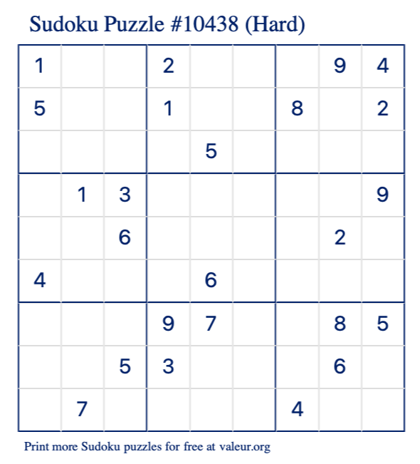 Free Printable Hard Sudoku Puzzle number 10438