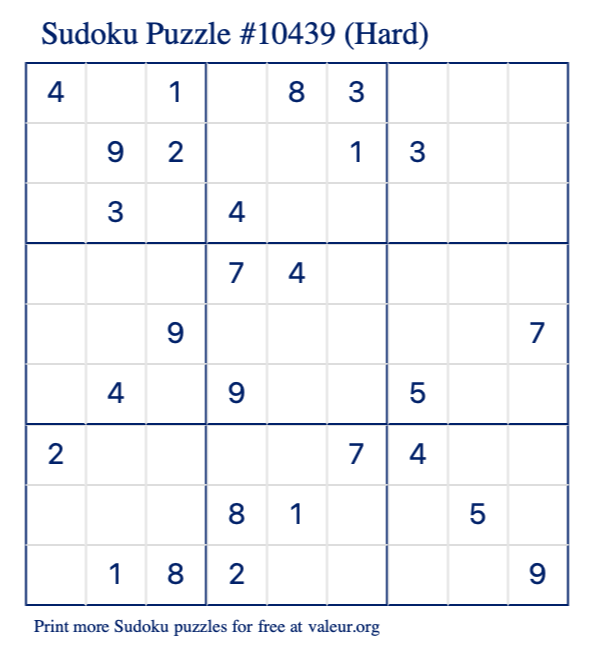 Free Printable Hard Sudoku Puzzle number 10439
