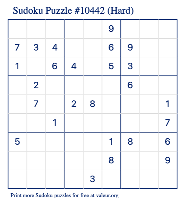 Free Printable Hard Sudoku Puzzle number 10442