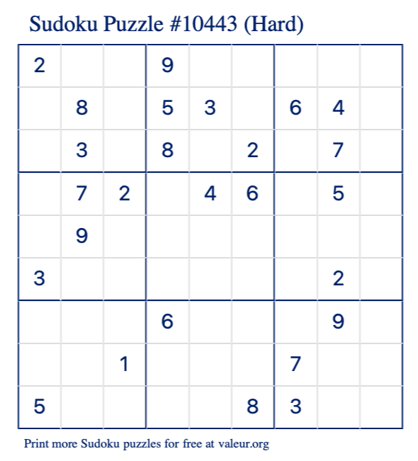 Free Printable Hard Sudoku Puzzle number 10443