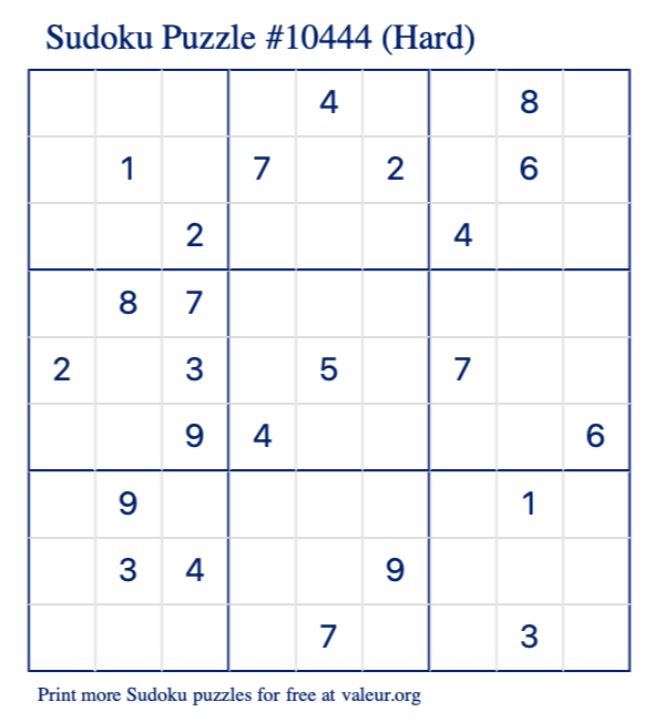 Free Printable Hard Sudoku Puzzle number 10444