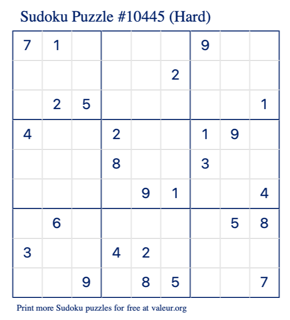 Free Printable Hard Sudoku Puzzle number 10445