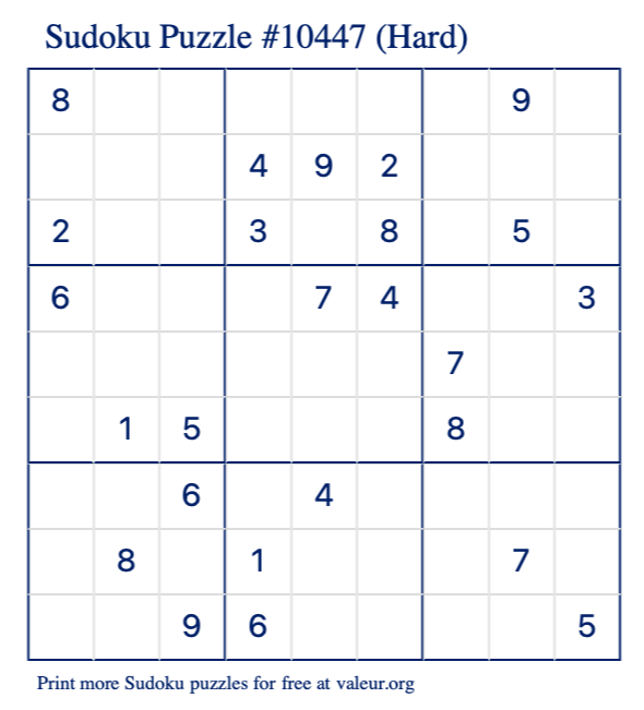 Free Printable Hard Sudoku Puzzle number 10447