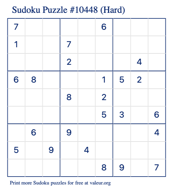 Free Printable Hard Sudoku Puzzle number 10448