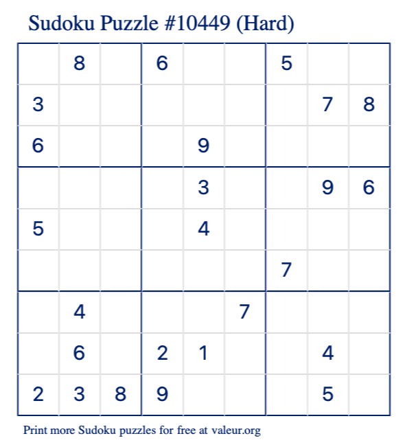 Free Printable Hard Sudoku Puzzle number 10449