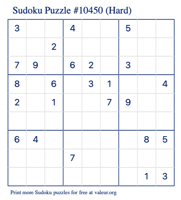 Free Printable Hard Sudoku Puzzle number 10450