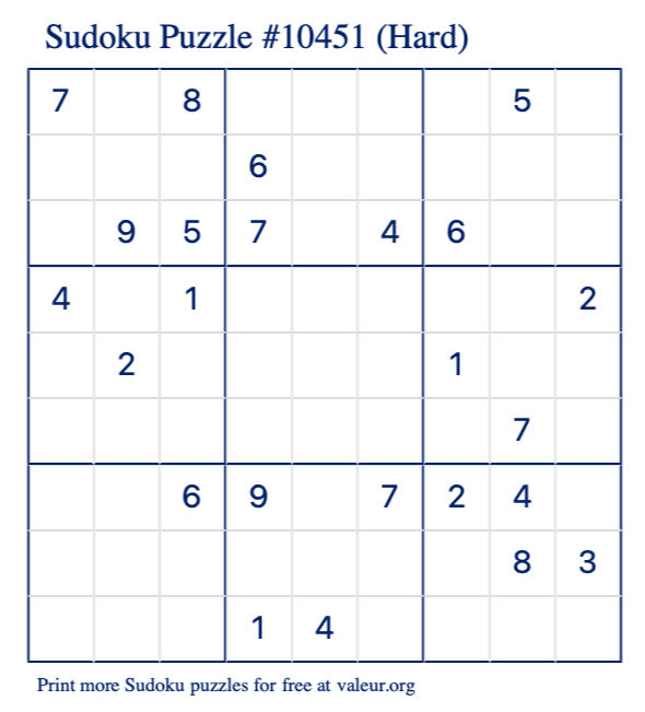 Free Printable Hard Sudoku Puzzle number 10451