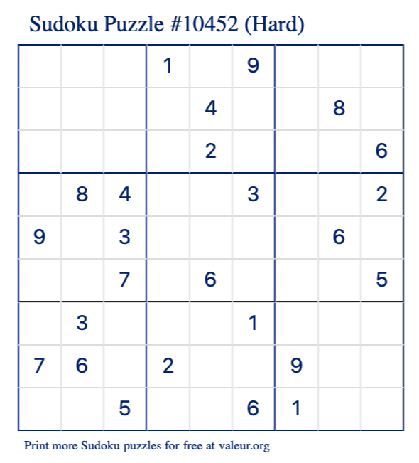 Free Printable Hard Sudoku Puzzle number 10452