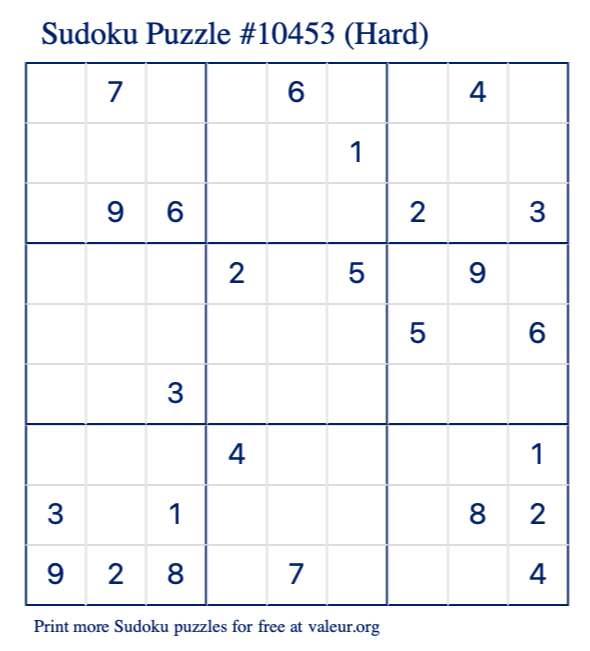 Free Printable Hard Sudoku Puzzle number 10453