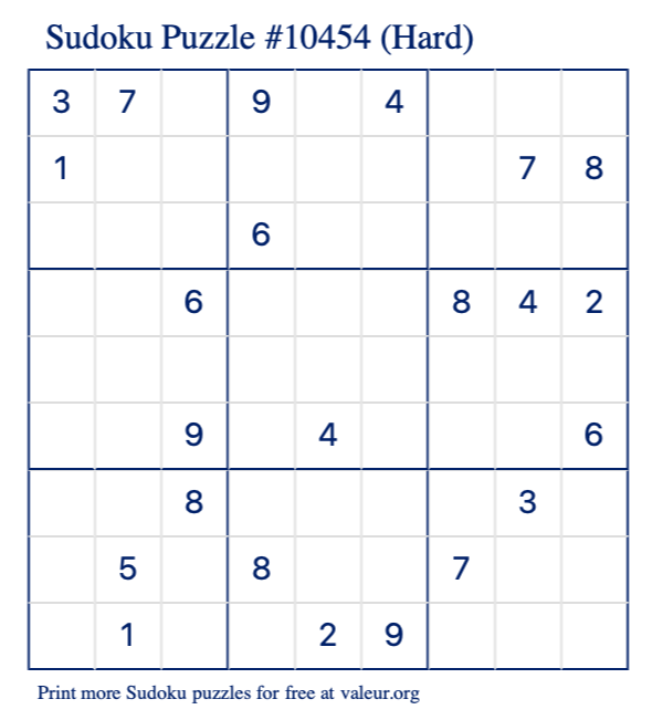 Free Printable Hard Sudoku Puzzle number 10454