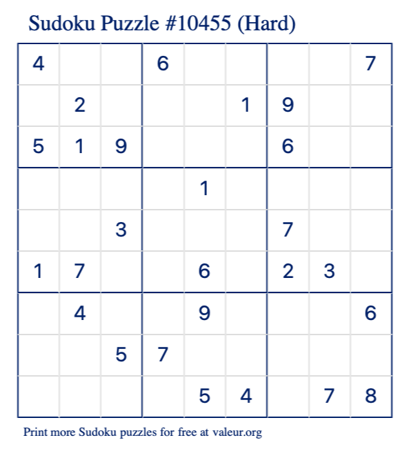 Free Printable Hard Sudoku Puzzle number 10455