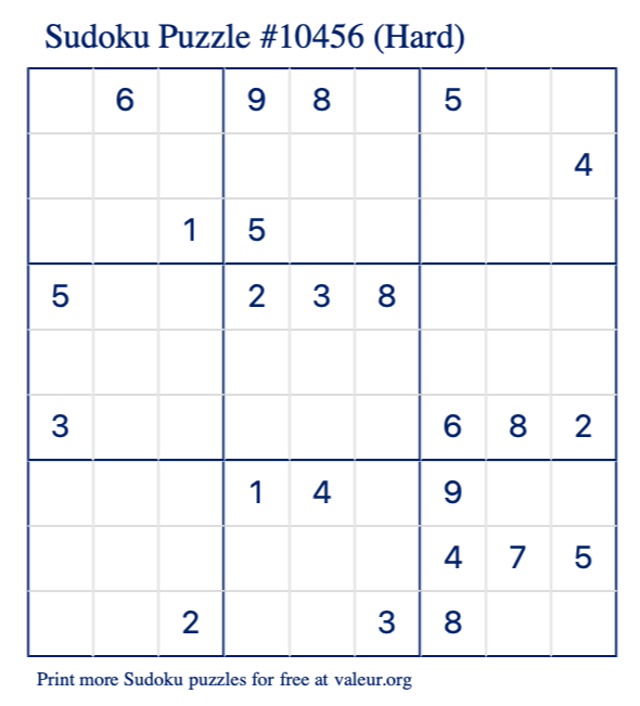 Free Printable Hard Sudoku Puzzle number 10456