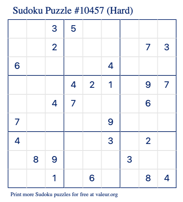 Free Printable Hard Sudoku Puzzle number 10457