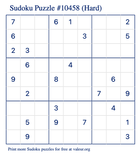 Free Printable Hard Sudoku Puzzle number 10458