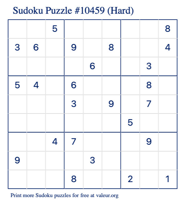 Free Printable Hard Sudoku Puzzle number 10459