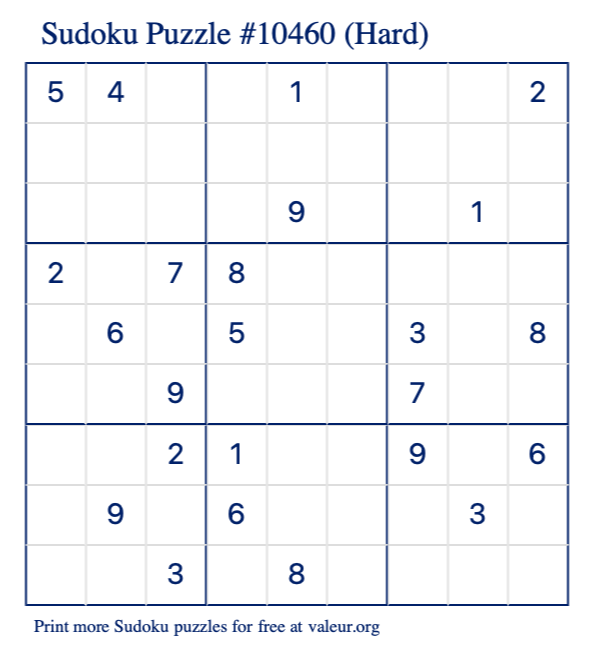 Free Printable Hard Sudoku Puzzle number 10460