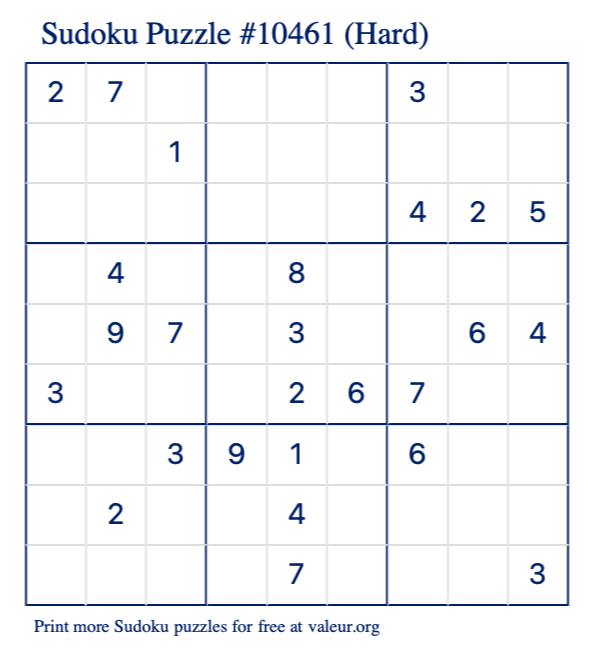 Free Printable Hard Sudoku Puzzle number 10461