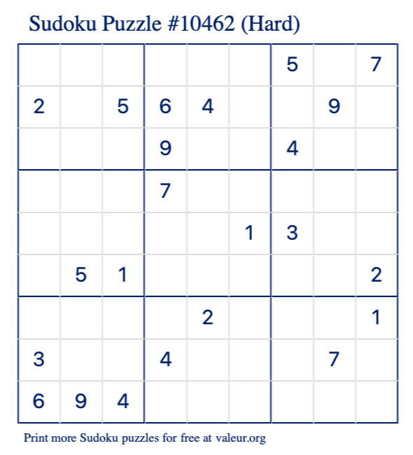 Free Printable Hard Sudoku Puzzle number 10462
