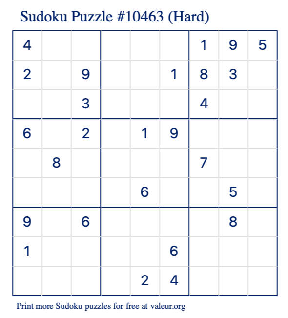 Free Printable Hard Sudoku Puzzle number 10463