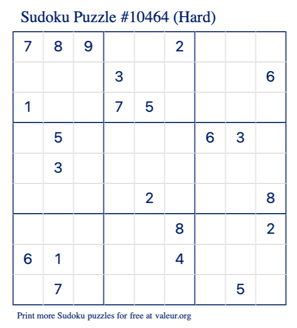 Free Printable Hard Sudoku Puzzle number 10464