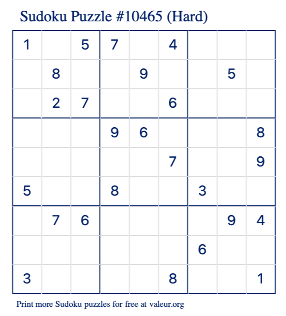 Free Printable Hard Sudoku Puzzle number 10465