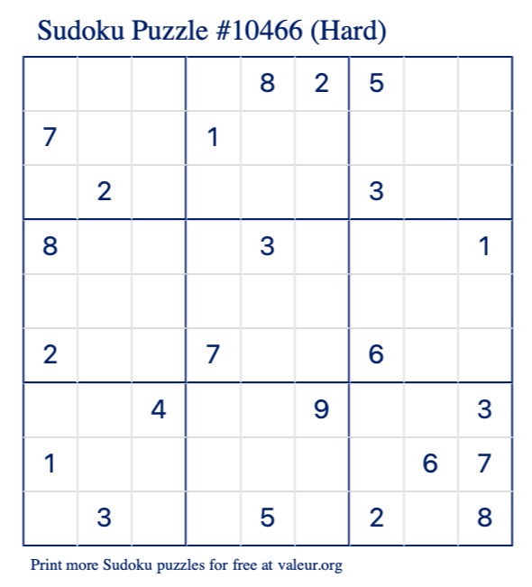 Free Printable Hard Sudoku Puzzle number 10466
