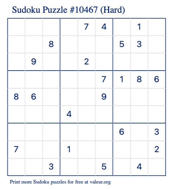 Free Printable Hard Sudoku Puzzle number 10467